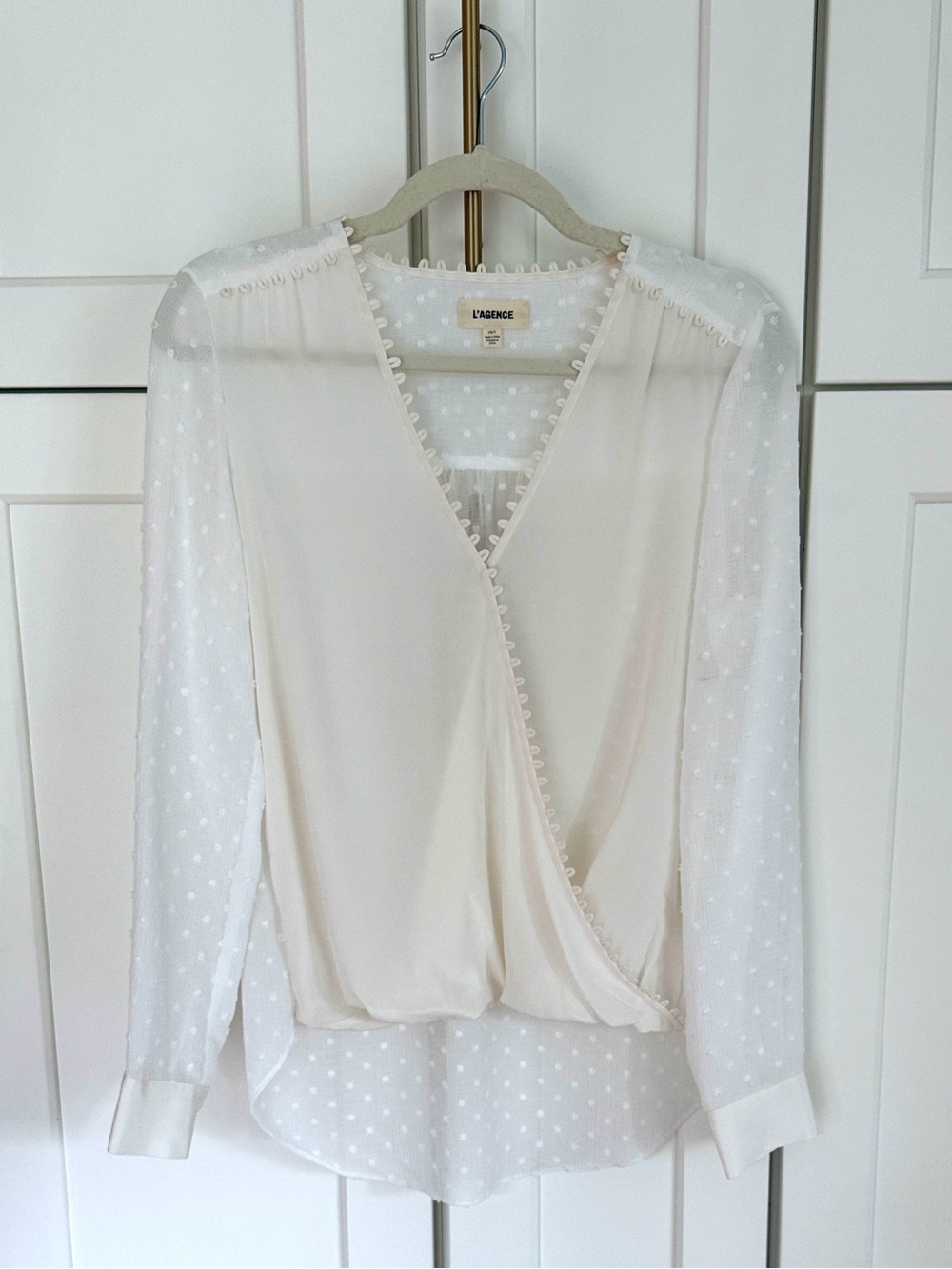 L'Agence Perry Blouse in ivory White Sheer Dot-Trim Wrap Deep V Blouse